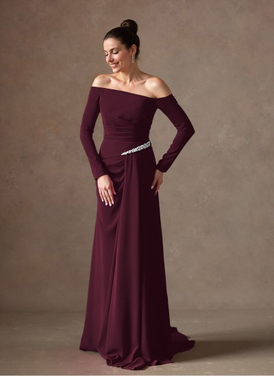 Off-The-Shoulder Elastic Satin Ruched Mother Of The Bride Dresses With Rhinestone