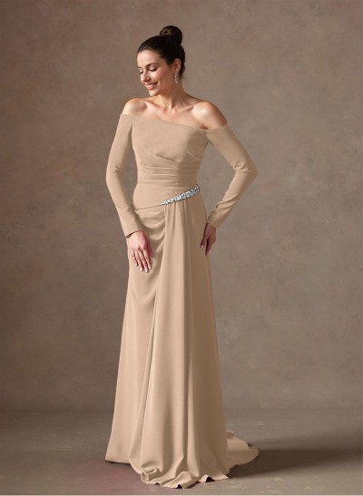 Off-The-Shoulder Elastic Satin Ruched Mother Of The Bride Dresses With Rhinestone