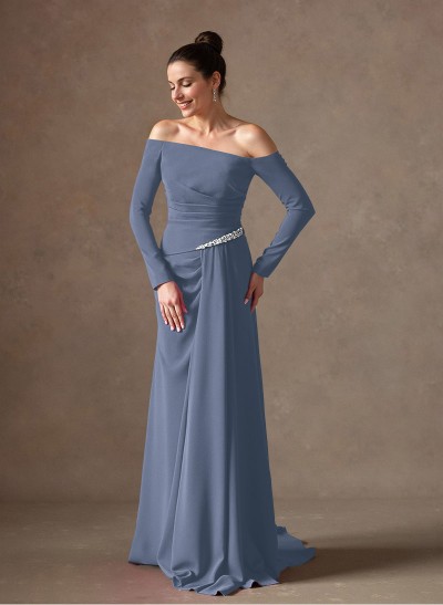 Off-The-Shoulder Elastic Satin Ruched Mother Of The Bride Dresses With Rhinestone