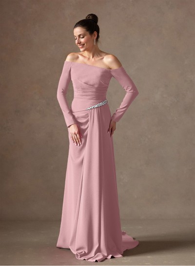 Off-The-Shoulder Elastic Satin Ruched Mother Of The Bride Dresses With Rhinestone