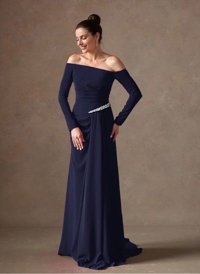 Off-The-Shoulder Elastic Satin Ruched Mother Of The Bride Dresses With Rhinestone