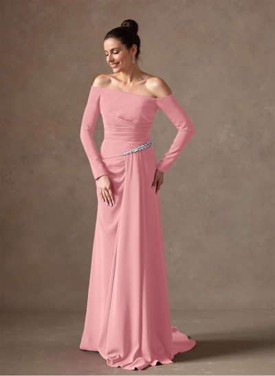 Off-The-Shoulder Elastic Satin Ruched Mother Of The Bride Dresses With Rhinestone