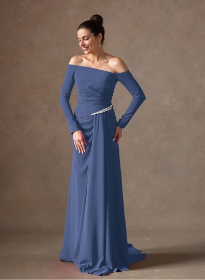 Off-The-Shoulder Elastic Satin Ruched Mother Of The Bride Dresses With Rhinestone