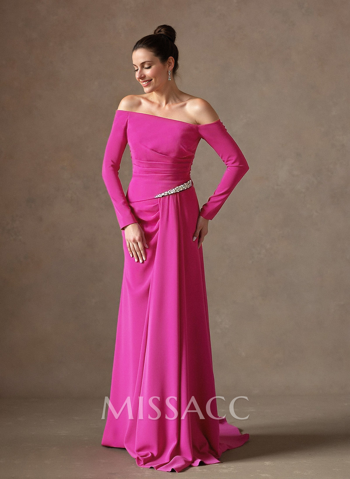 Off-The-Shoulder Elastic Satin Ruched Mother Of The Bride Dresses With Rhinestone
