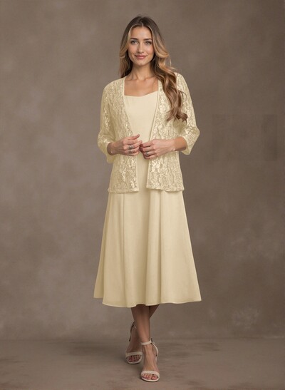 Elegant Lace Square Neckline Chiffon Mother Of The Bride Dresses With Jacket