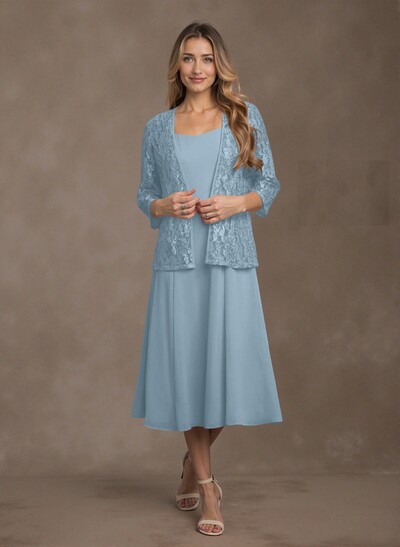 Elegant Lace Square Neckline Chiffon Mother Of The Bride Dresses With Jacket