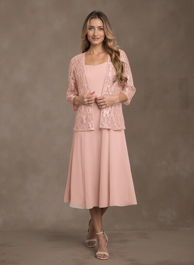 Elegant Lace Square Neckline Chiffon Mother Of The Bride Dresses With Jacket