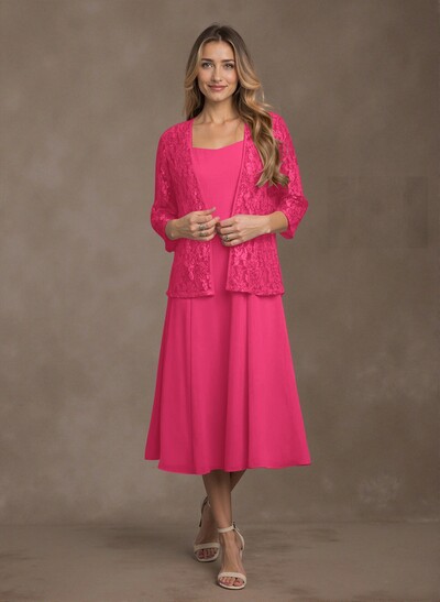 Elegant Lace Square Neckline Chiffon Mother Of The Bride Dresses With Jacket