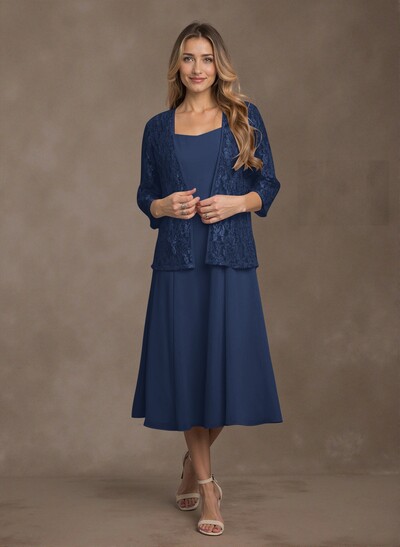 Elegant Lace Square Neckline Chiffon Mother Of The Bride Dresses With Jacket