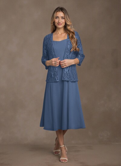 Elegant Lace Square Neckline Chiffon Mother Of The Bride Dresses With Jacket