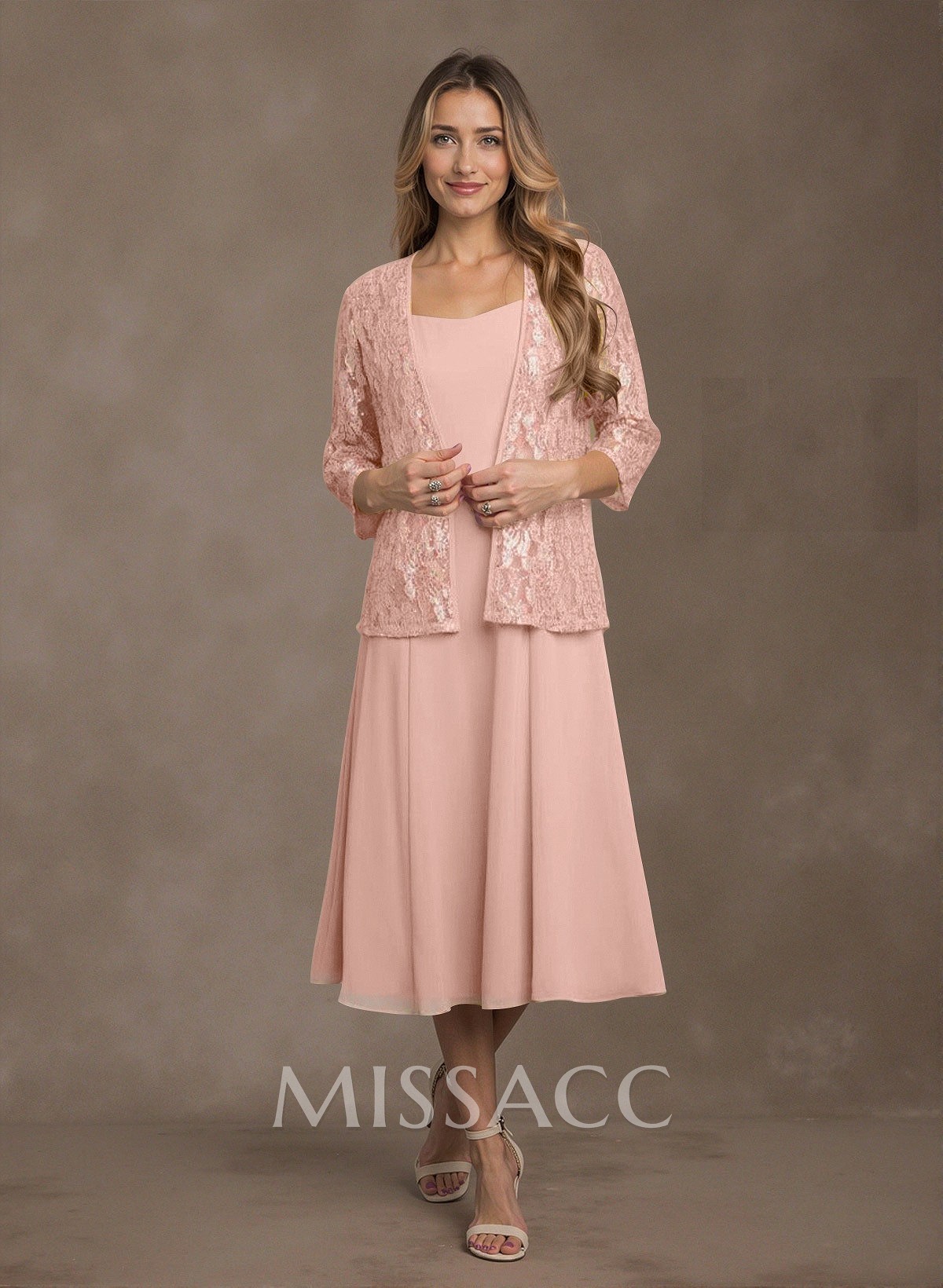 Elegant Lace Square Neckline Chiffon Mother Of The Bride Dresses With Jacket