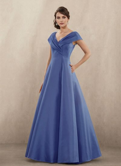 Modest A-Line V-Neck Cap Straps Satin Mother Of The Bride Dresses With Pockets