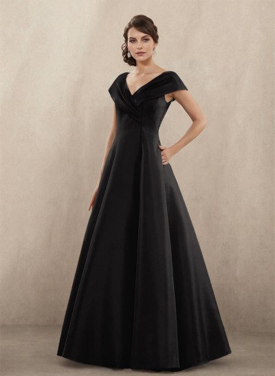 Modest A-Line V-Neck Cap Straps Satin Mother Of The Bride Dresses With Pockets