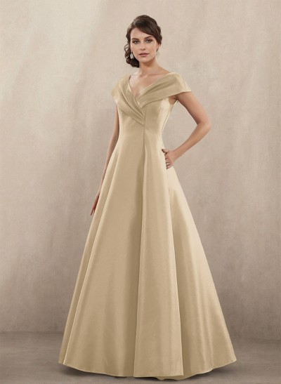 Modest A-Line V-Neck Cap Straps Satin Mother Of The Bride Dresses With Pockets