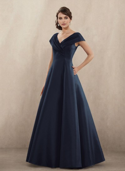 Modest A-Line V-Neck Cap Straps Satin Mother Of The Bride Dresses With Pockets