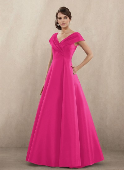 Modest A-Line V-Neck Cap Straps Satin Mother Of The Bride Dresses With Pockets