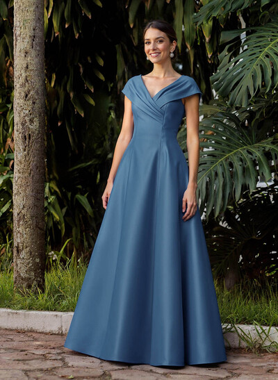 Modest A-Line V-Neck Cap Straps Satin Mother Of The Bride Dresses With Pockets