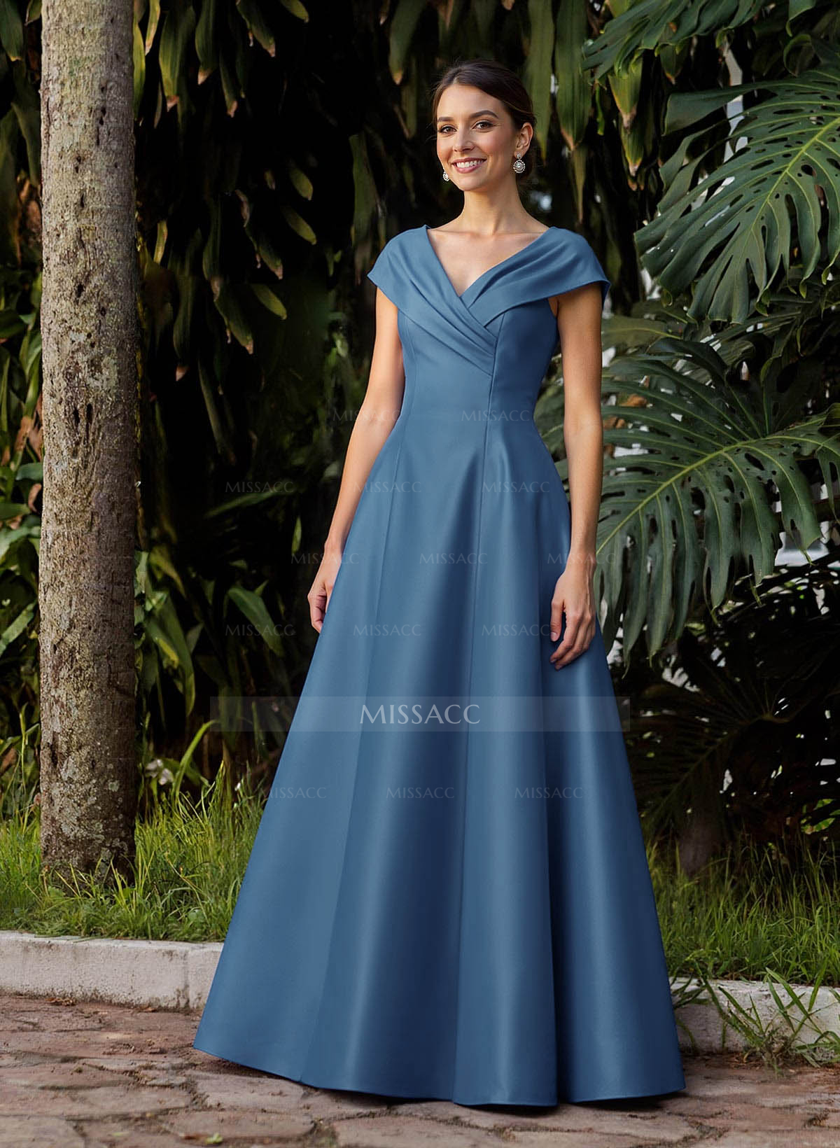 Modest A-Line V-Neck Cap Straps Satin Mother Of The Bride Dresses With Pockets
