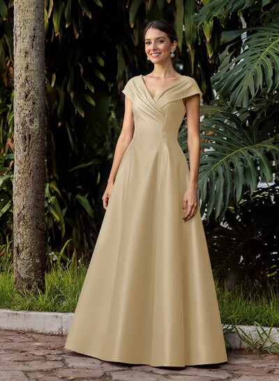 Modest A-Line V-Neck Cap Straps Satin Mother Of The Bride Dresses With Pockets