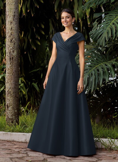 Modest A-Line V-Neck Cap Straps Satin Mother Of The Bride Dresses With Pockets