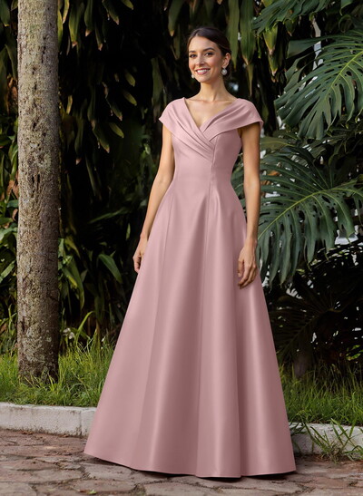 Modest A-Line V-Neck Cap Straps Satin Mother Of The Bride Dresses With Pockets