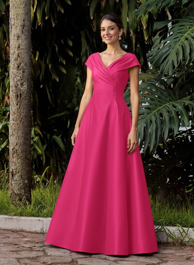 Modest A-Line V-Neck Cap Straps Satin Mother Of The Bride Dresses With Pockets