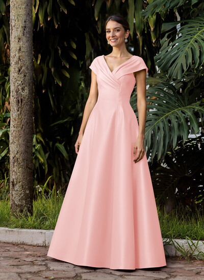 Modest A-Line V-Neck Cap Straps Satin Mother Of The Bride Dresses With Pockets