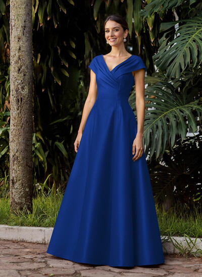 Modest A-Line V-Neck Cap Straps Satin Mother Of The Bride Dresses With Pockets