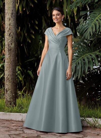 Modest A-Line V-Neck Cap Straps Satin Mother Of The Bride Dresses With Pockets