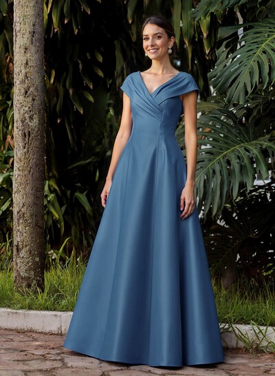 Modest A-Line V-Neck Cap Straps Satin Mother Of The Bride Dresses With Pockets
