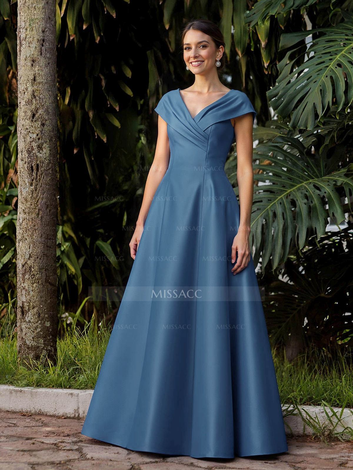 Modest A-Line V-Neck Cap Straps Satin Mother Of The Bride Dresses With Pockets