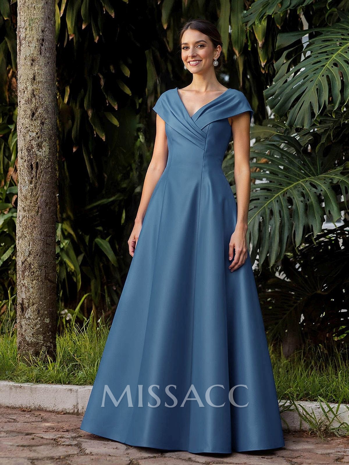 Modest A-Line V-Neck Cap Straps Satin Mother Of The Bride Dresses With Pockets
