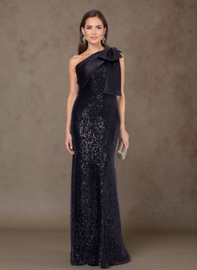 Bedazzled Curve Bow Accented One-Shoulder Satin/Sequined Mother Of The Bride Dresses