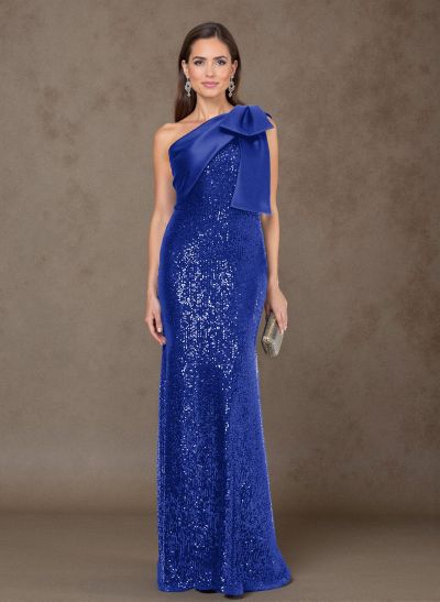 Bedazzled Curve Bow Accented One-Shoulder Satin/Sequined Mother Of The Bride Dresses