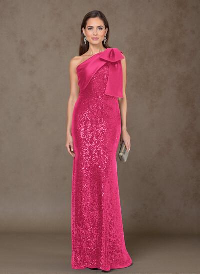 Bedazzled Curve Bow Accented One-Shoulder Satin/Sequined Mother Of The Bride Dresses