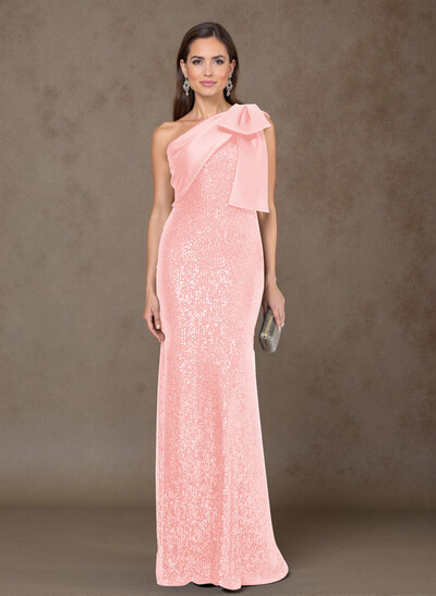 Bedazzled Curve Bow Accented One-Shoulder Satin/Sequined Mother Of The Bride Dresses