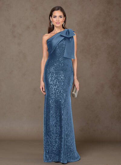 Bedazzled Curve Bow Accented One-Shoulder Satin/Sequined Mother Of The Bride Dresses