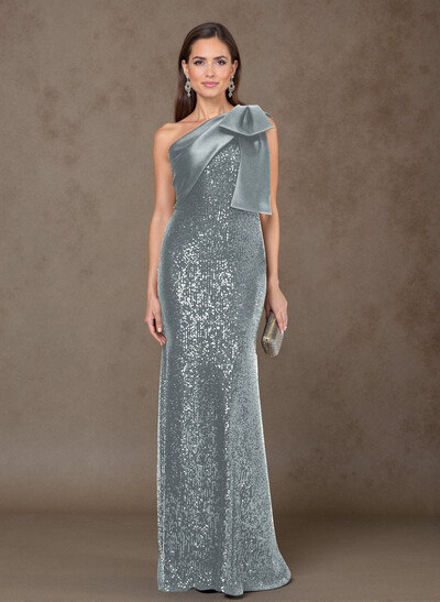 Bedazzled Curve Bow Accented One-Shoulder Satin/Sequined Mother Of The Bride Dresses