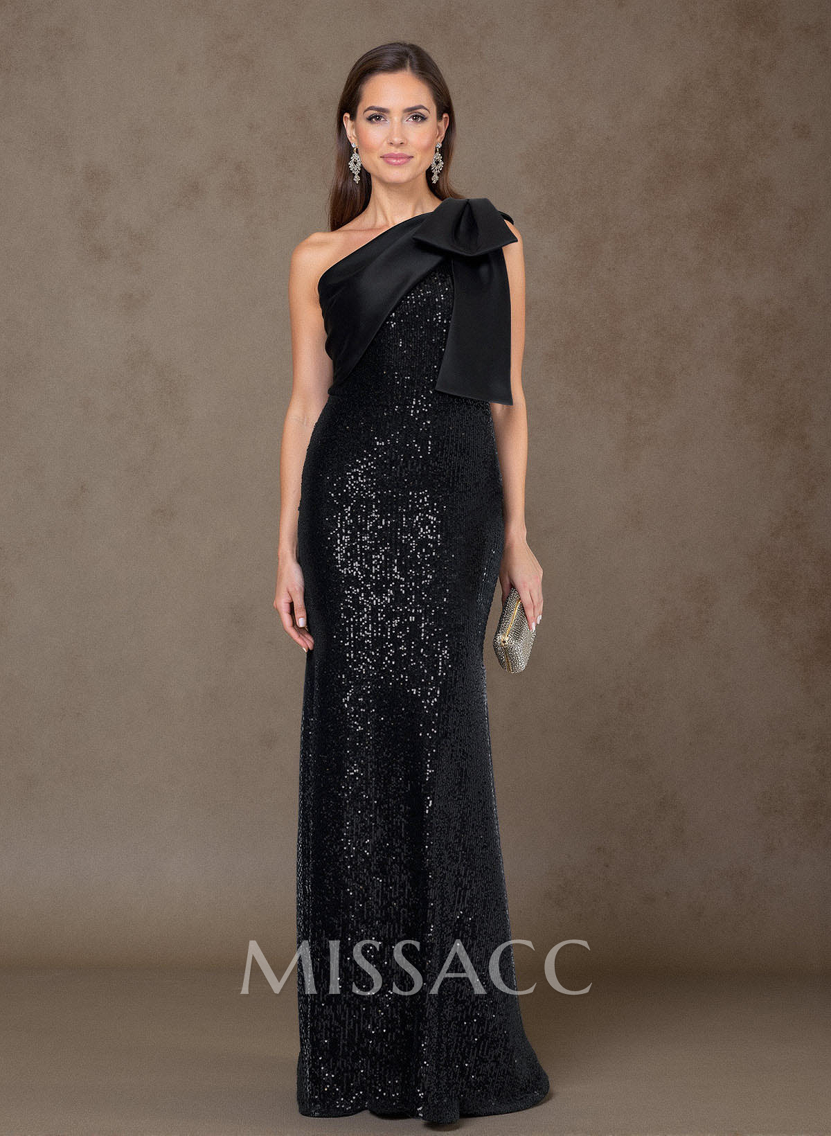 Bedazzled Curve Bow Accented One-Shoulder Satin/Sequined Mother Of The Bride Dresses