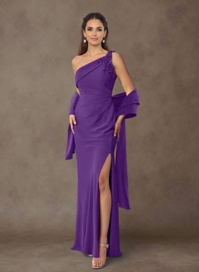 Floral Embroidered One-Shoulder Elastic Satin Mother Of The Bride Dresses With Shawl