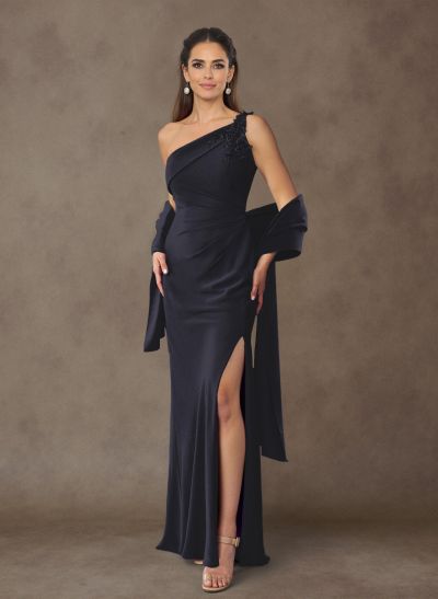 Floral Embroidered One-Shoulder Elastic Satin Mother Of The Bride Dresses With Shawl