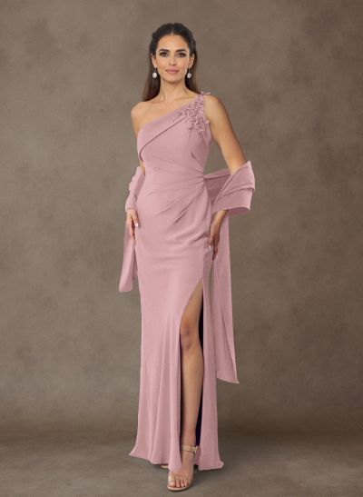 Floral Embroidered One-Shoulder Elastic Satin Mother Of The Bride Dresses With Shawl