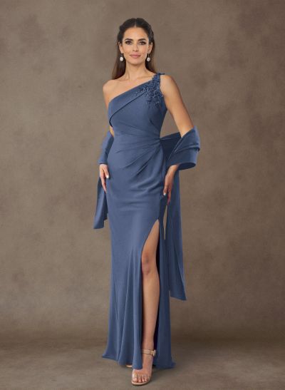 Floral Embroidered One-Shoulder Elastic Satin Mother Of The Bride Dresses With Shawl