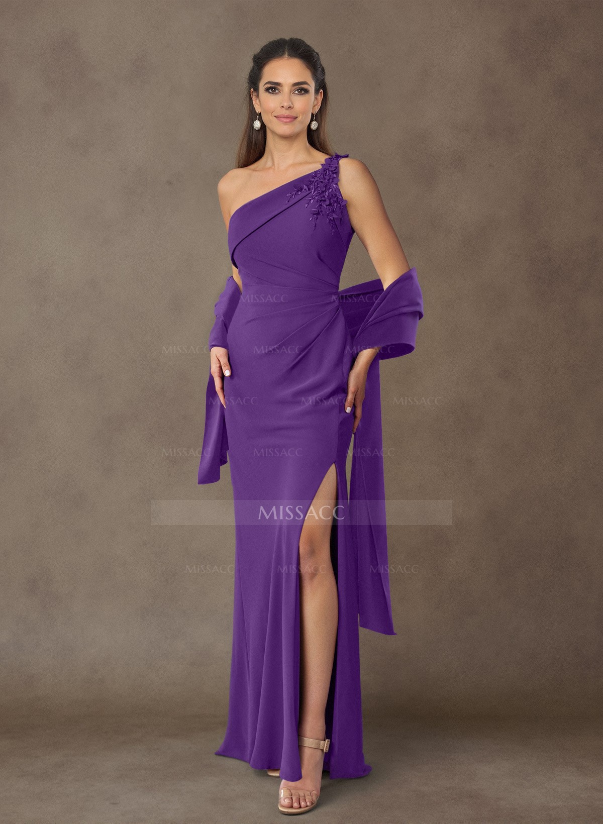 Floral Embroidered One-Shoulder Elastic Satin Mother Of The Bride Dresses With Shawl