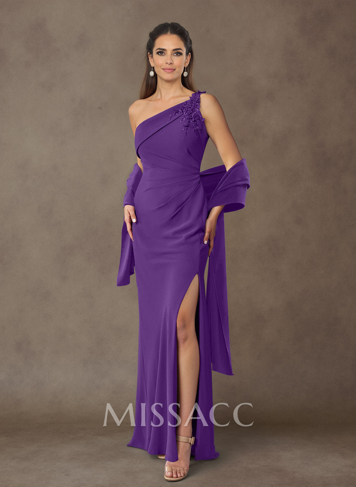 Floral Embroidered One-Shoulder Elastic Satin Mother Of The Bride Dresses With Shawl Floral Embroidered One-Shoulder Elastic Satin Mother Of The Bride Dresses With Shawl