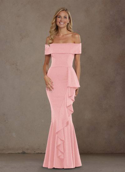Modest Off-The-Shoulder Cascading Ruffles Elastic Satin Mother Of The Bride Dresses