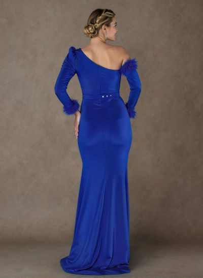 Unique Asymmetrical Feather Trimmed Long Sleeves Mother Of The Bride Dresses