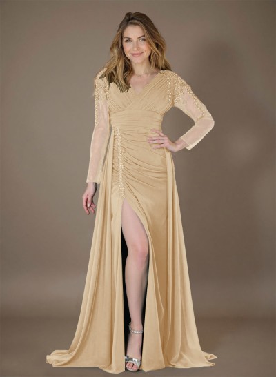 Elegant Ruched V-Neck High Split Chiffon Mother Of The Bride Dresses With Beading