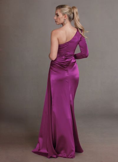 Elegant Ruched One-Shoulder Long Sleeves Satin Mother Of The Bride Dresses