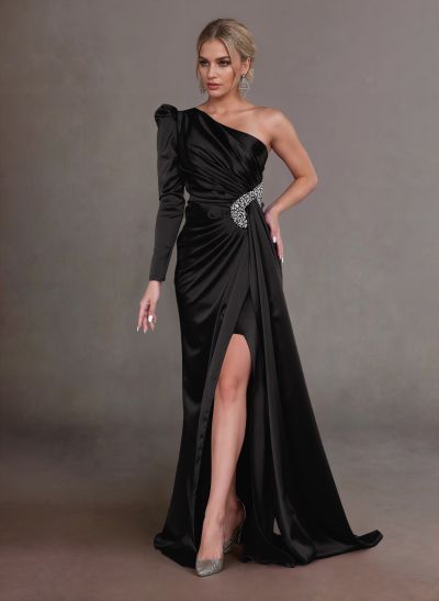 Elegant Ruched One-Shoulder Long Sleeves Satin Mother Of The Bride Dresses